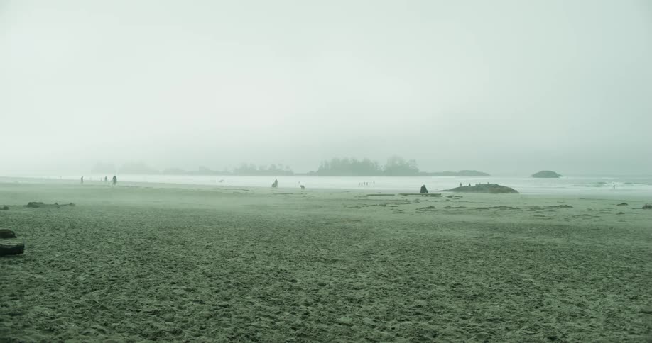 A beach with few people on a cloudy day