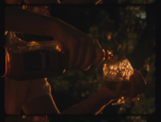 Man pouring two glasses of drink and toasting with his wife in a field during the late afternoon