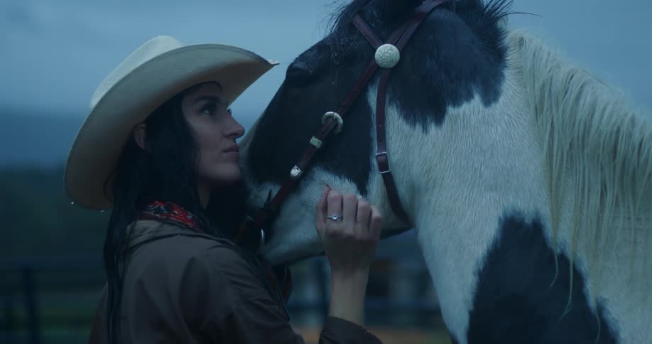 Lady standing outdoor rubs the head of a horse at dawn