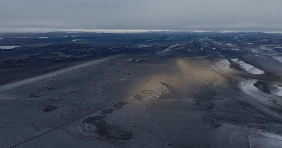 Aerial panorama of a landscape and ground under a cloudy sky