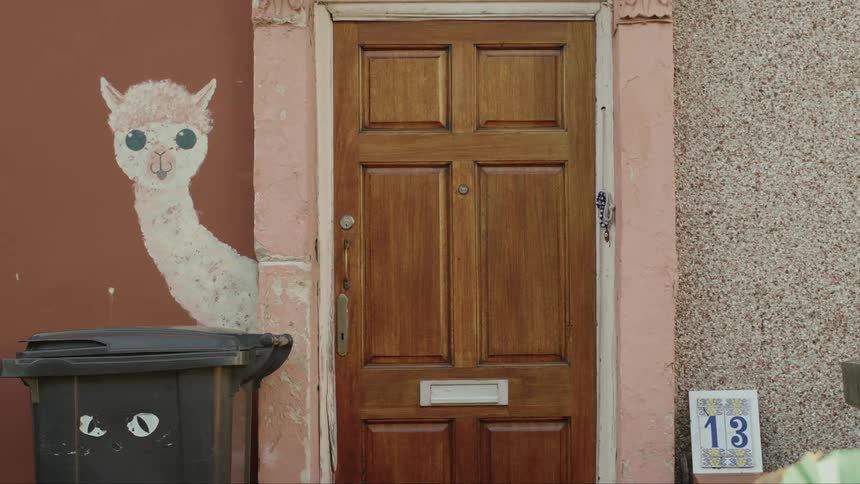 A llama is painted next to the homes door