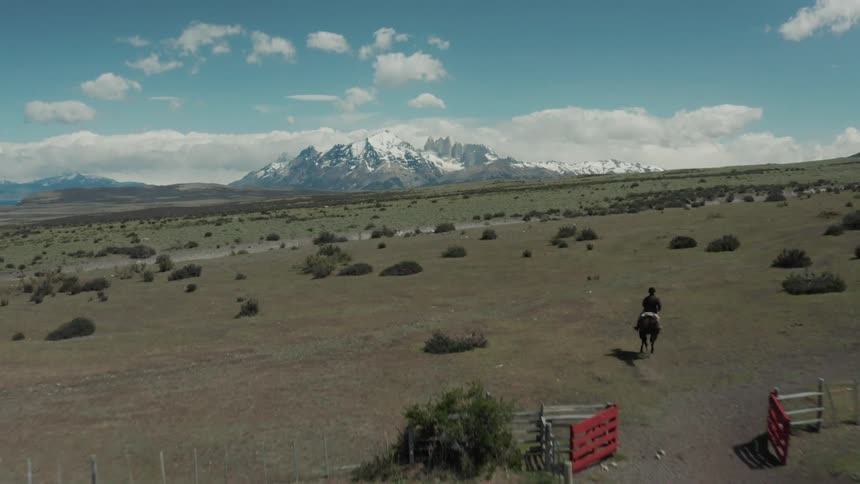 Person riding a horse in the midst of a pasture with snowcovered mountains on the horizon