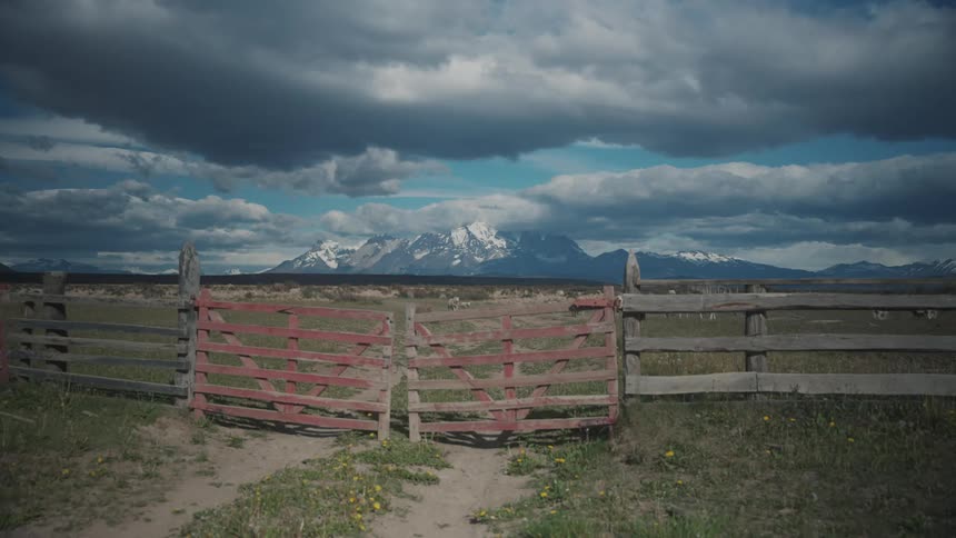 View of a wooden enclosure with animals running in the background against a cloudy sky and snowcovered mountain range on the horizon