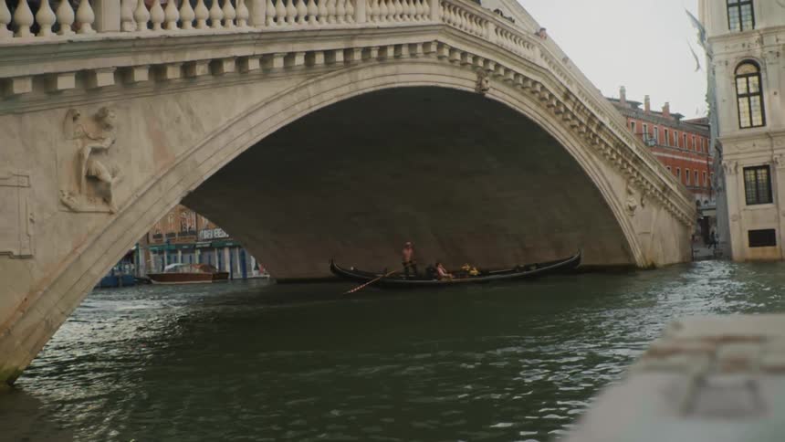 Gondola with people passing under a bridge on a river in the city