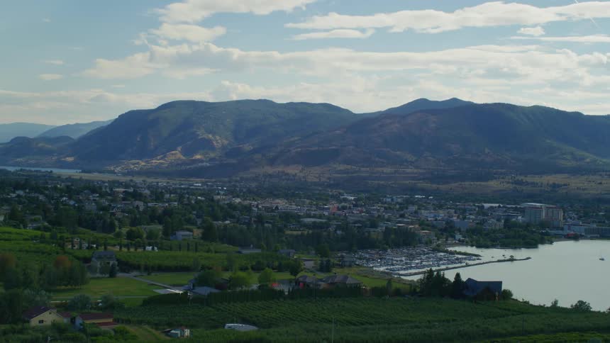 Small town next to a lake near the mountains