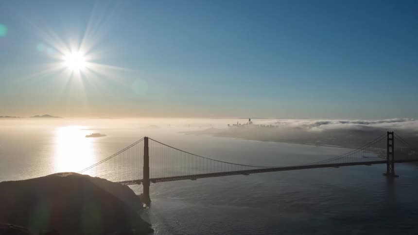 Aerial view of the golden gate bridge and the san francisco bay at sunrise