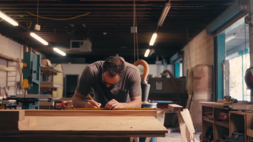 Carpenter takes measurements in the workshop