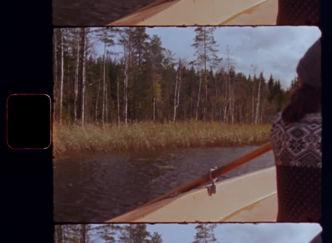 Man rows or paddles a rowing boat on a river or forest lake next to forested shore line with reeds and cane and birch and pine trees caught on vintage film