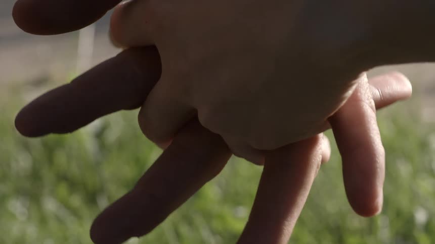 People hold hands above the grass