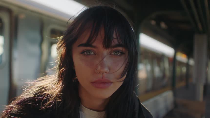 Young woman in a train station looks at the camera