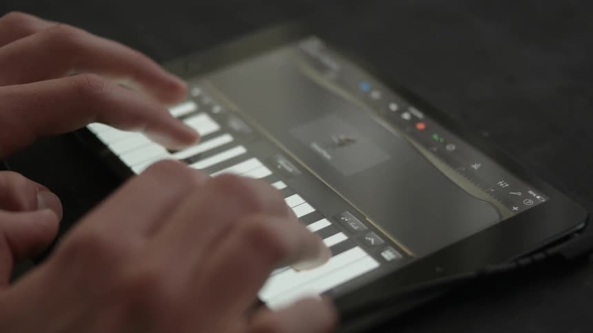 A person is playing keyboard on a tablet