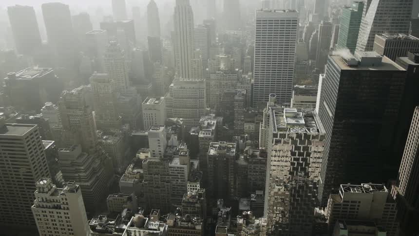 Looking down at New York City buildings