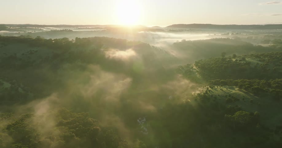 Aerial panorama of mountains at cloud level with the sun rising on the horizon