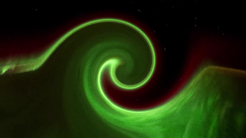 Abstract object in the shape of a wave with neon lights passing through