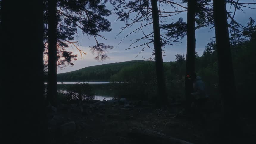 A man running in a forest near a lake at sunset
