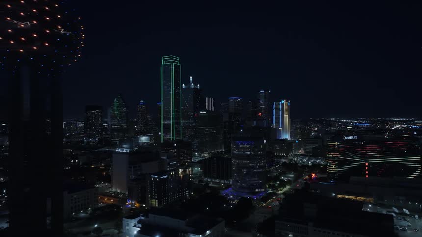 Aerial of reunion tower and downtown dallas at night