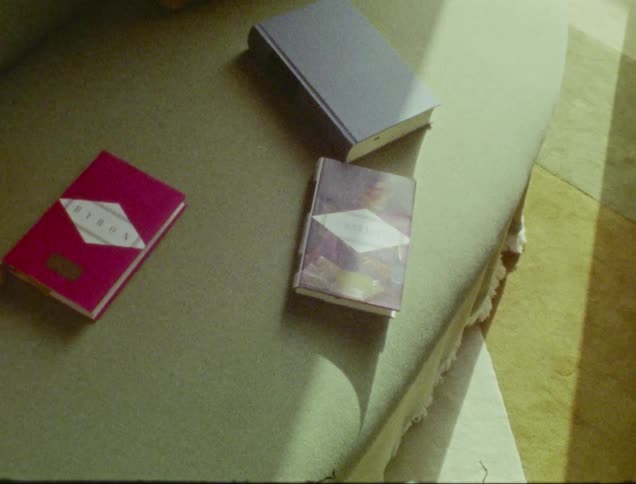 Books on top of a sofa with a persons foot next to them