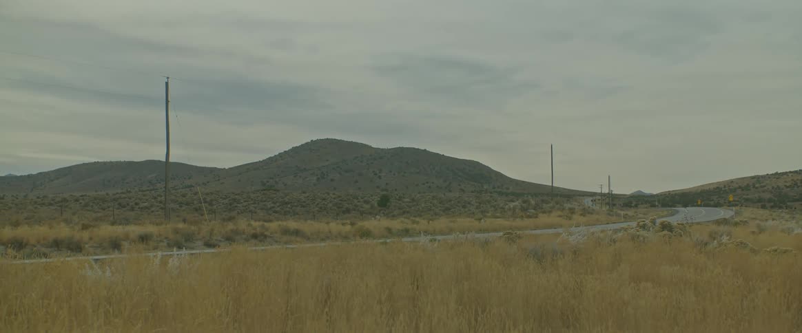 A rural road curves around a mountain as plants move in the breeze