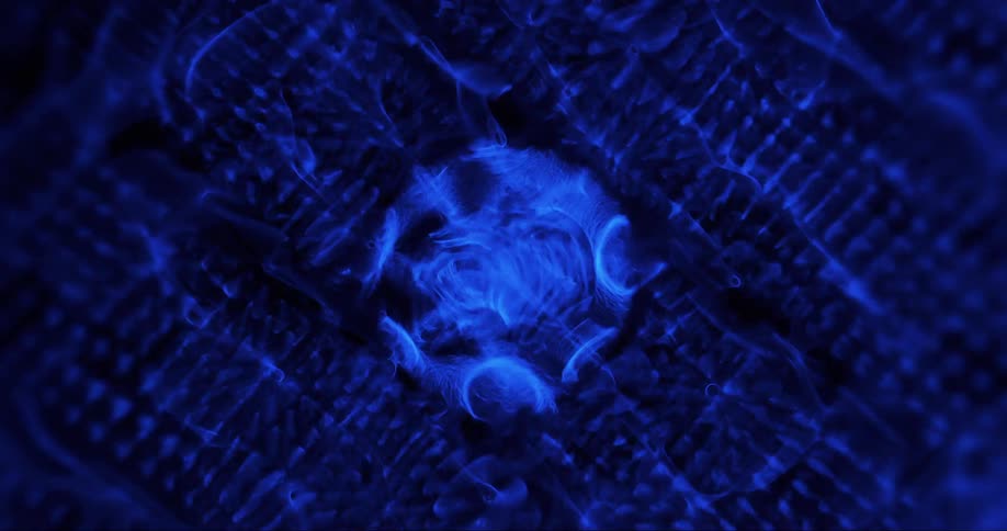 Blue shapes vibrate while shifting to create transparent patterns around a translucent center