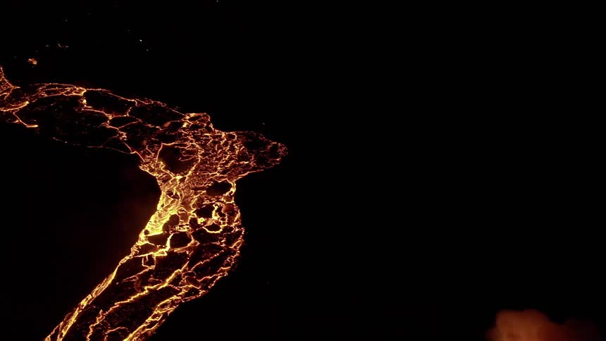 Aerial view of lava flow from a volcanic eruption
