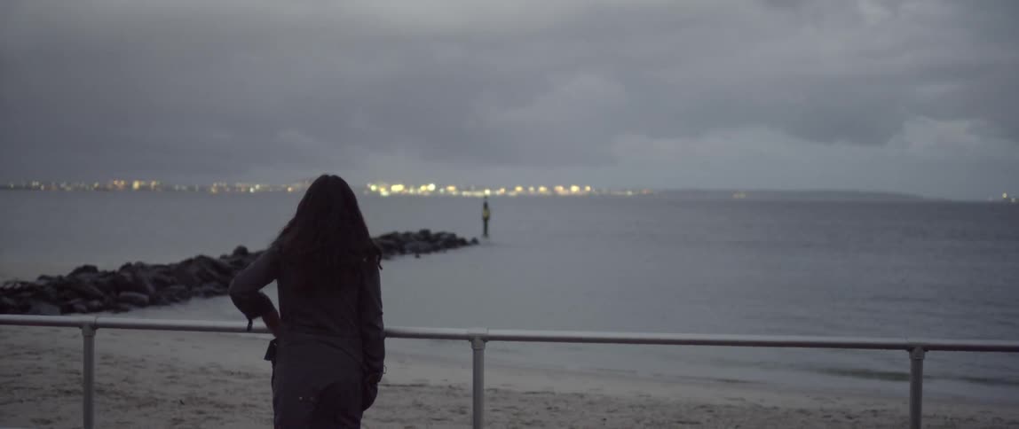 A woman stands on the boardwalk looking over the beach