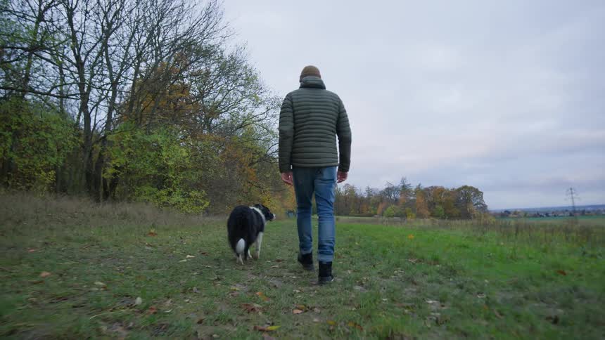 Man walks through the countryside with his dog