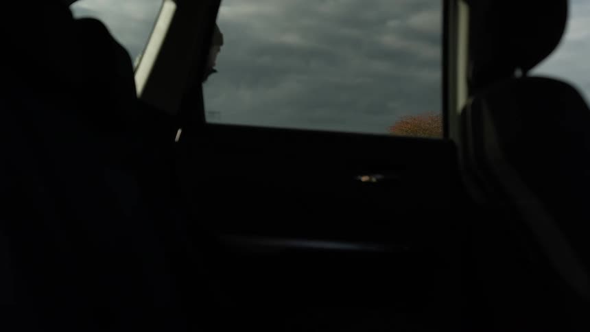 Man opens the car door for the dog to get out