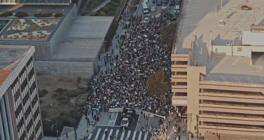 Aerial panorama of a crowd of people on the street protesting