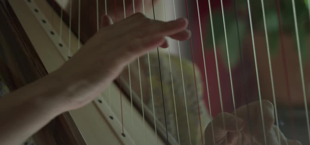 Closeup of a womans hands playing the harp