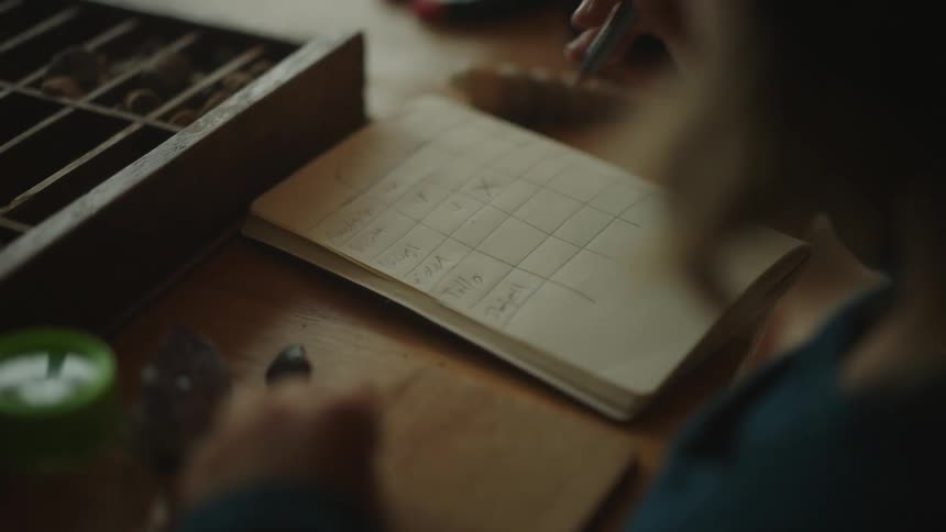A child is playing a game and writes something down