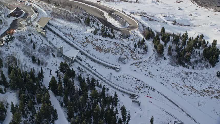Aerial view of ramps for ski jumping on the mountains