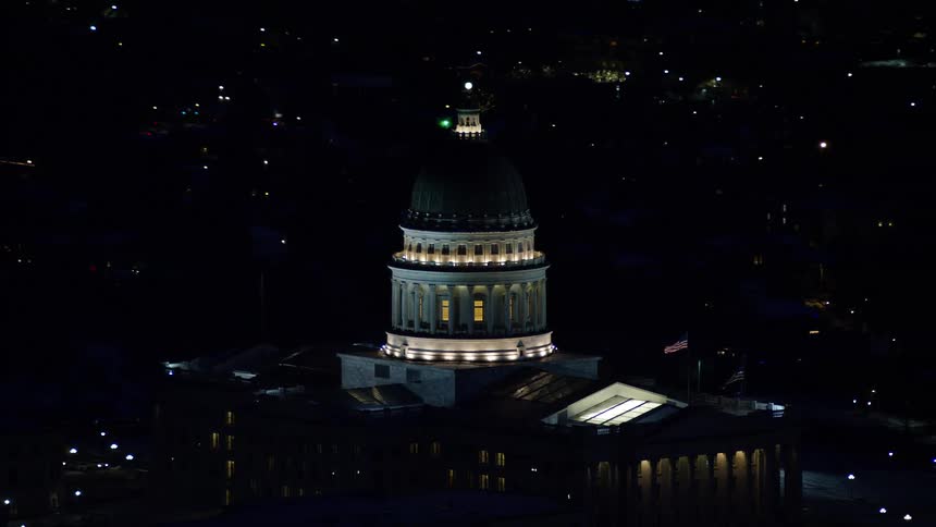 Aerial view of the congress at night in the middle of the city