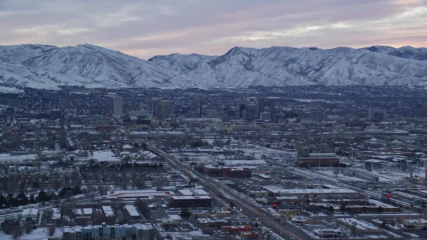 Aerial of an urban city during sunset in harsh winter