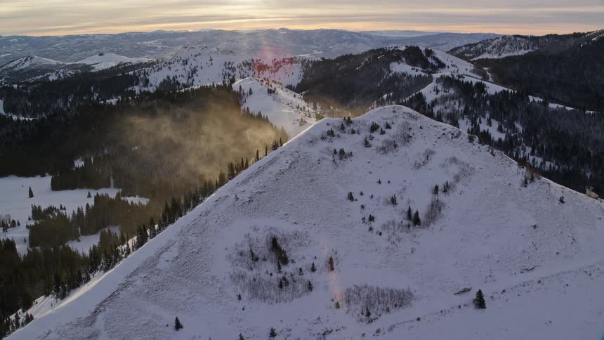 Aerial panorama of mountain with conifers and snow