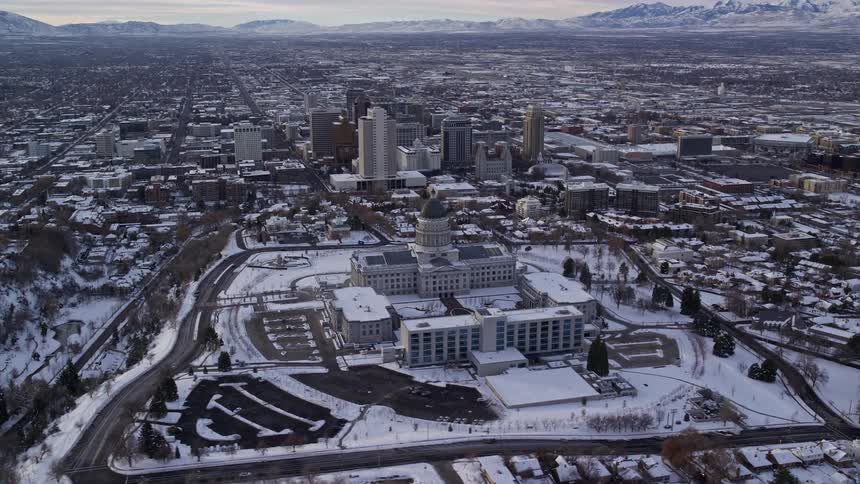 The city is covered in snow
