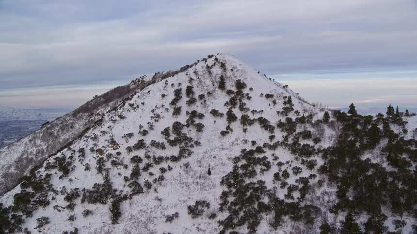 The peak of a mountain with snow and vegetation and beyond it there is a horizon with a view of a city