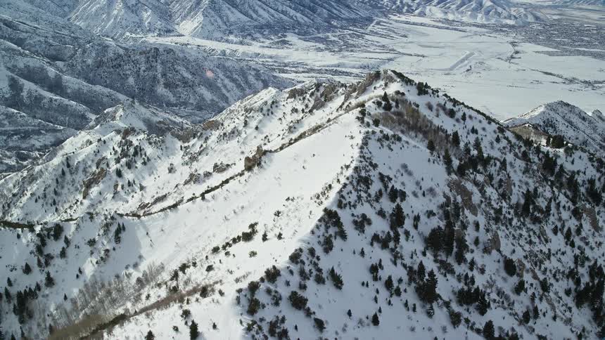Aerial panorama of mountains and peaks with conifers covered in snow