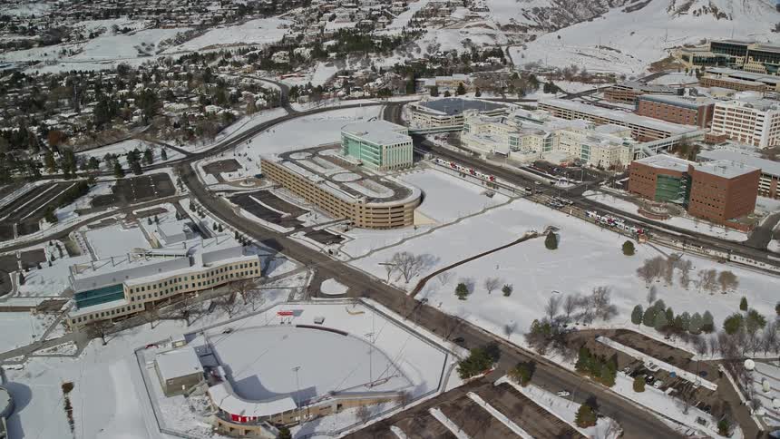 Aerial of a snowcovered city center during winter