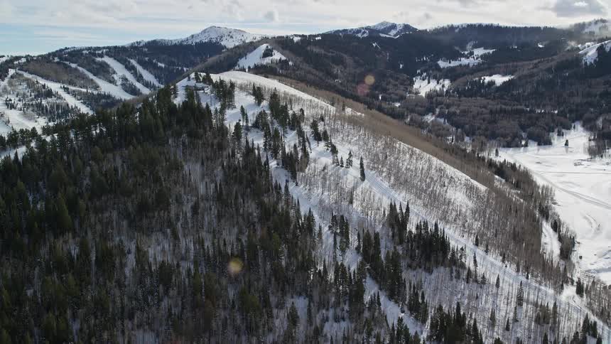 Trees cover the sides of snow covered mountains with mountains in the distance