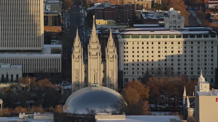 A cathedral is in the middle of the city