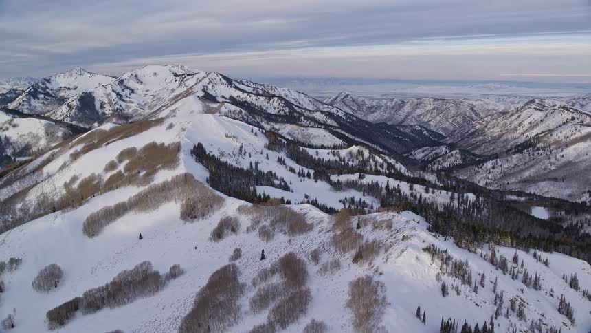 An aerial view of a snowcovered mountain range and forest