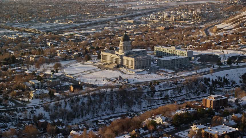 Aerial of urban capital city during winter day