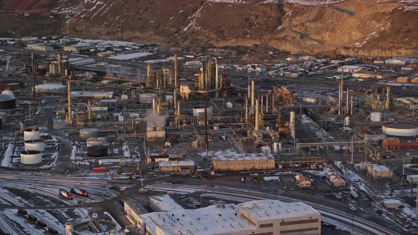 A large manufacturing plant close to the mountain