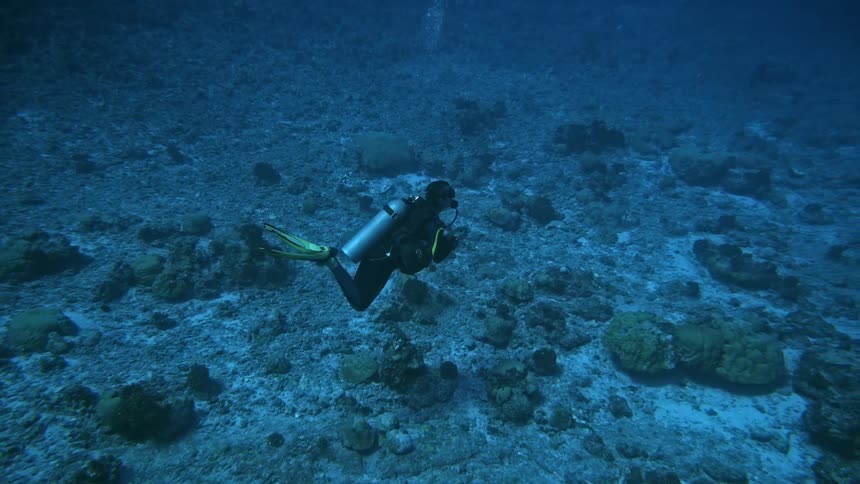 Diver underwater swimming above reefs