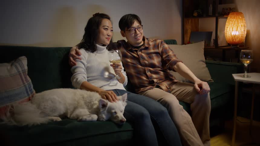 Couple sitting on the sofa with a dog watching