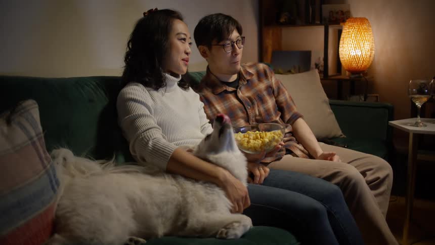 Couple sitting on the couch with their dog watching something and eating popcorn
