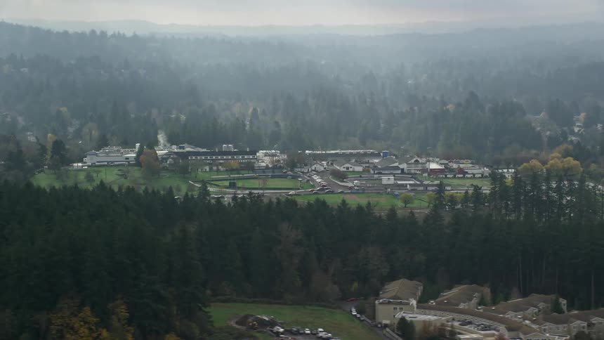 Aerial panorama of an urban city with residential neighborhoods amid conifer trees with mountains on the horizon