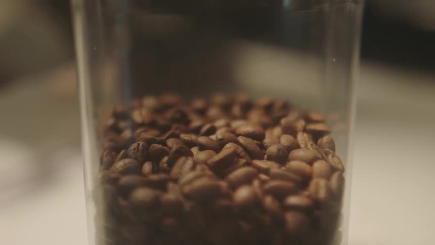 Coffee beans in a transparent container