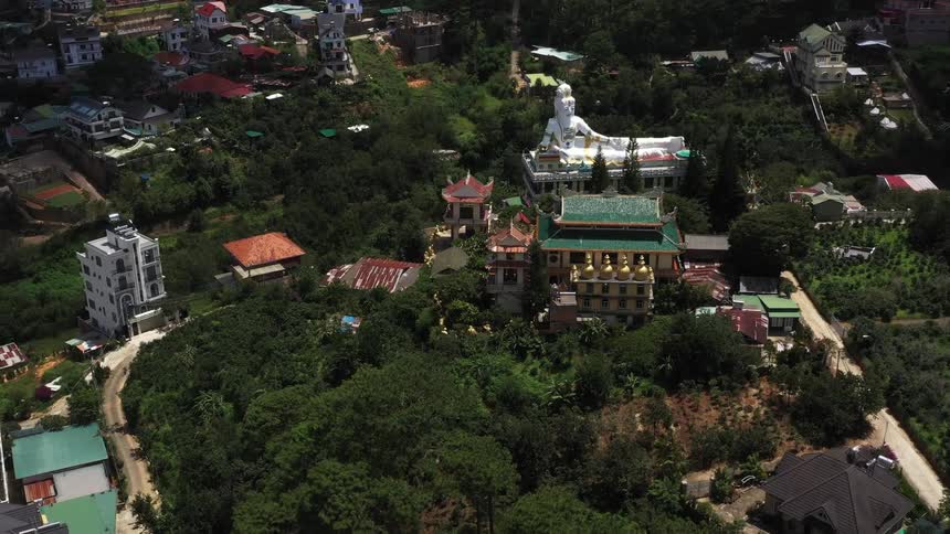 Aerial view of buildings with a buddhas statue