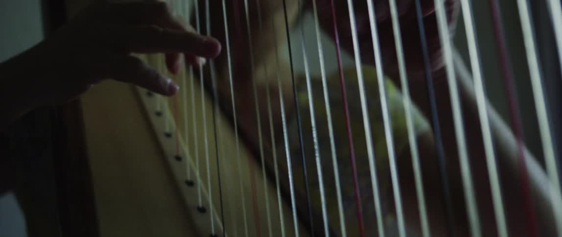 A woman is playing the harp